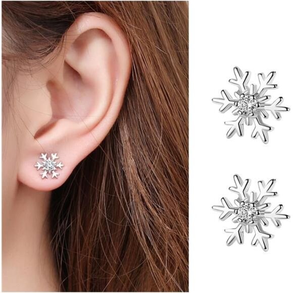 ✨ Sterling Silver Snowflake Earrings | 925 CZ Studs | Hypoallergenic - Picture 1 of 5